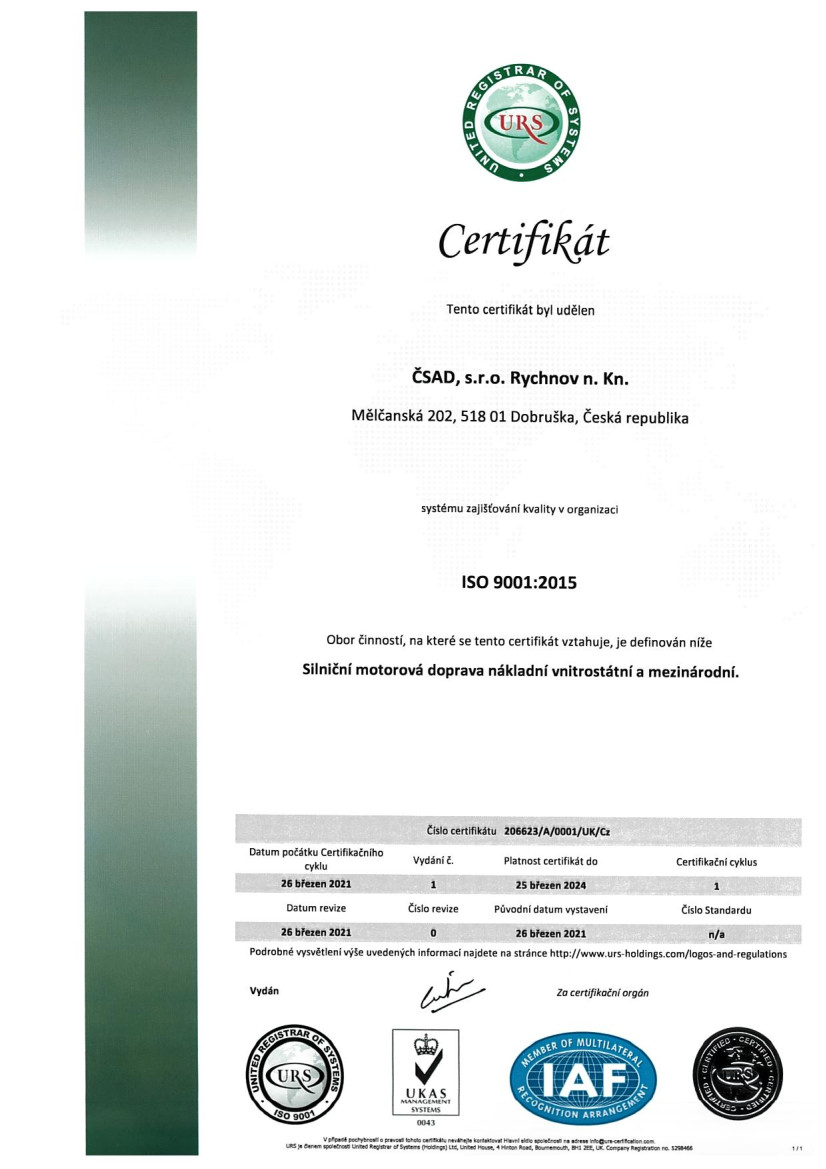 ČSAD, s.r.o. Rychnov n. Kn. cert ISO 9001 CZ