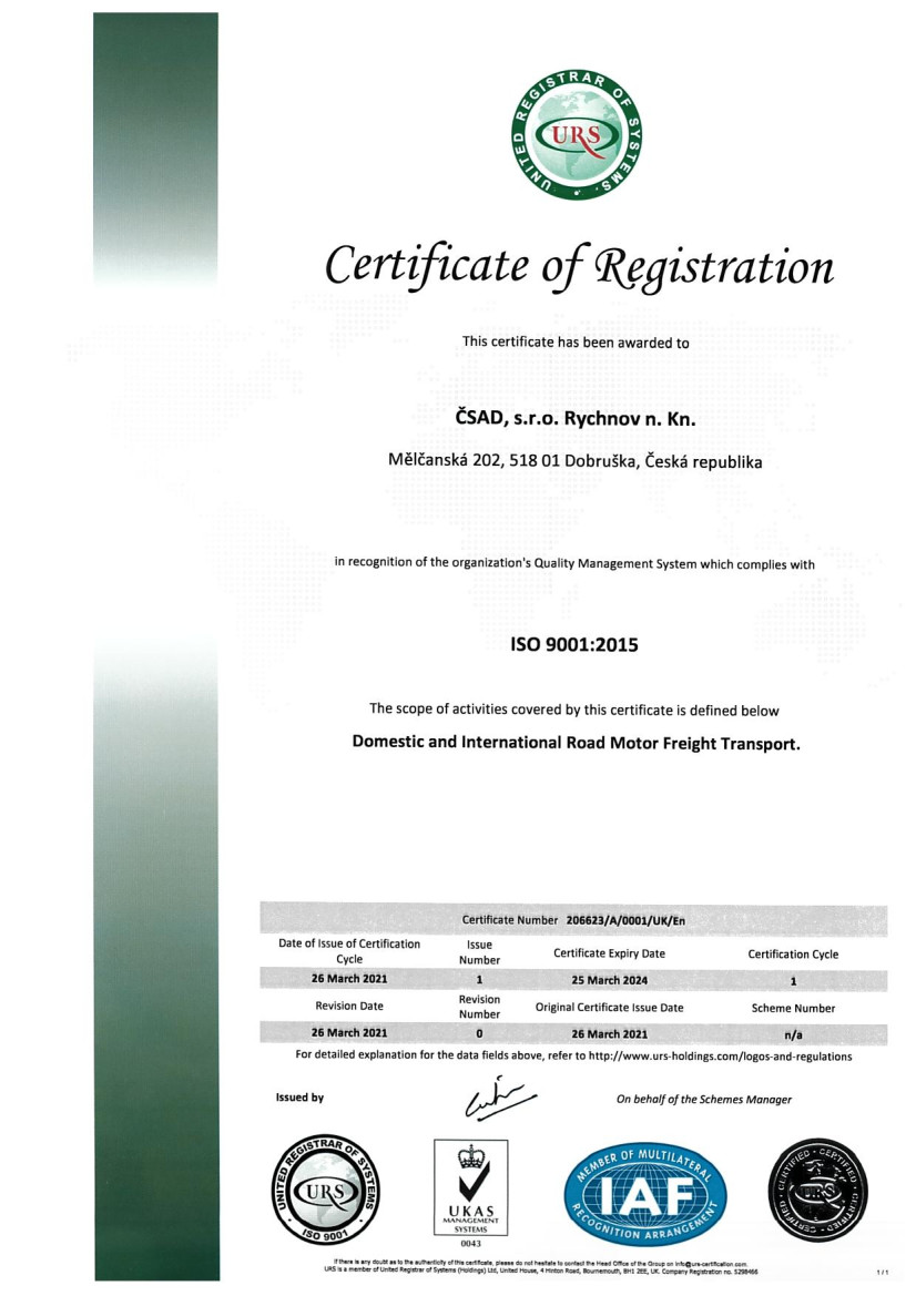 ČSAD, s.r.o. Rychnov n. Kn. cert ISO 9001 ENG